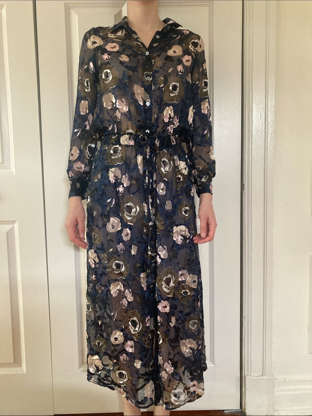Navy Sheer Silk Floral Dress with Pockets